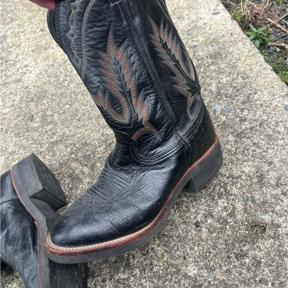 Larry Mahan Black Leather Western Boots with Brown Accent Stitching